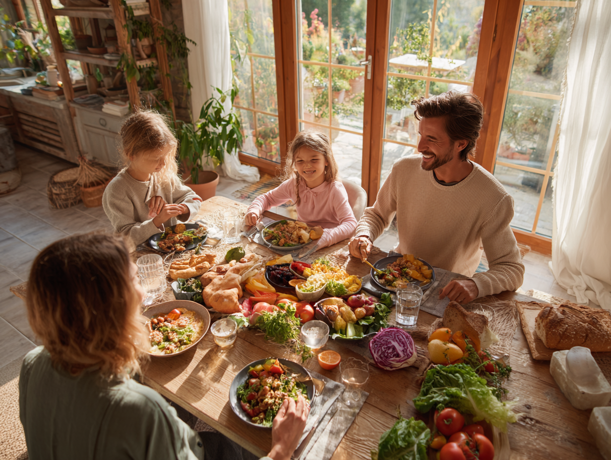 Здорова сім'я за столом з корисною їжею